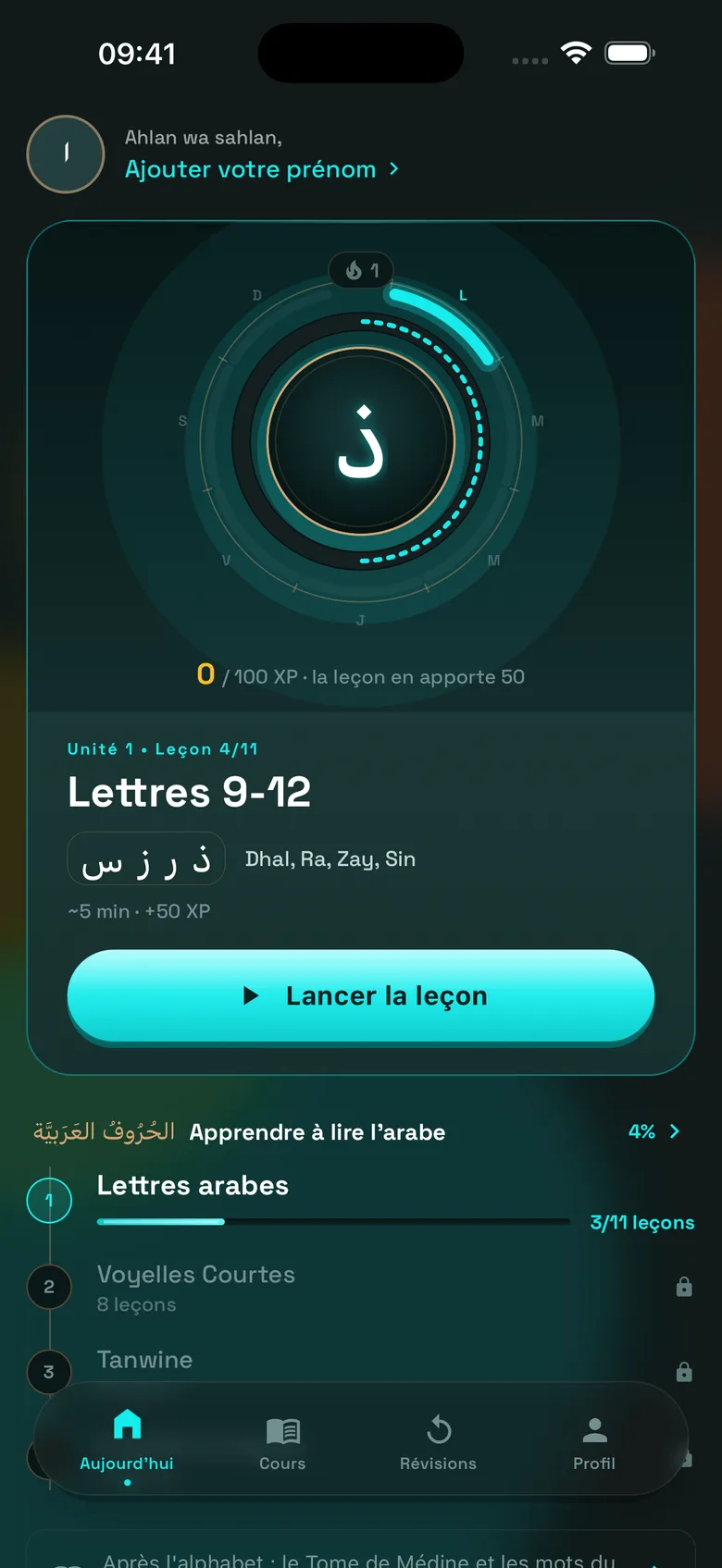 Home: the dial with the week and today's goal, the next lesson “Letters 9-12” and the Start lesson button.