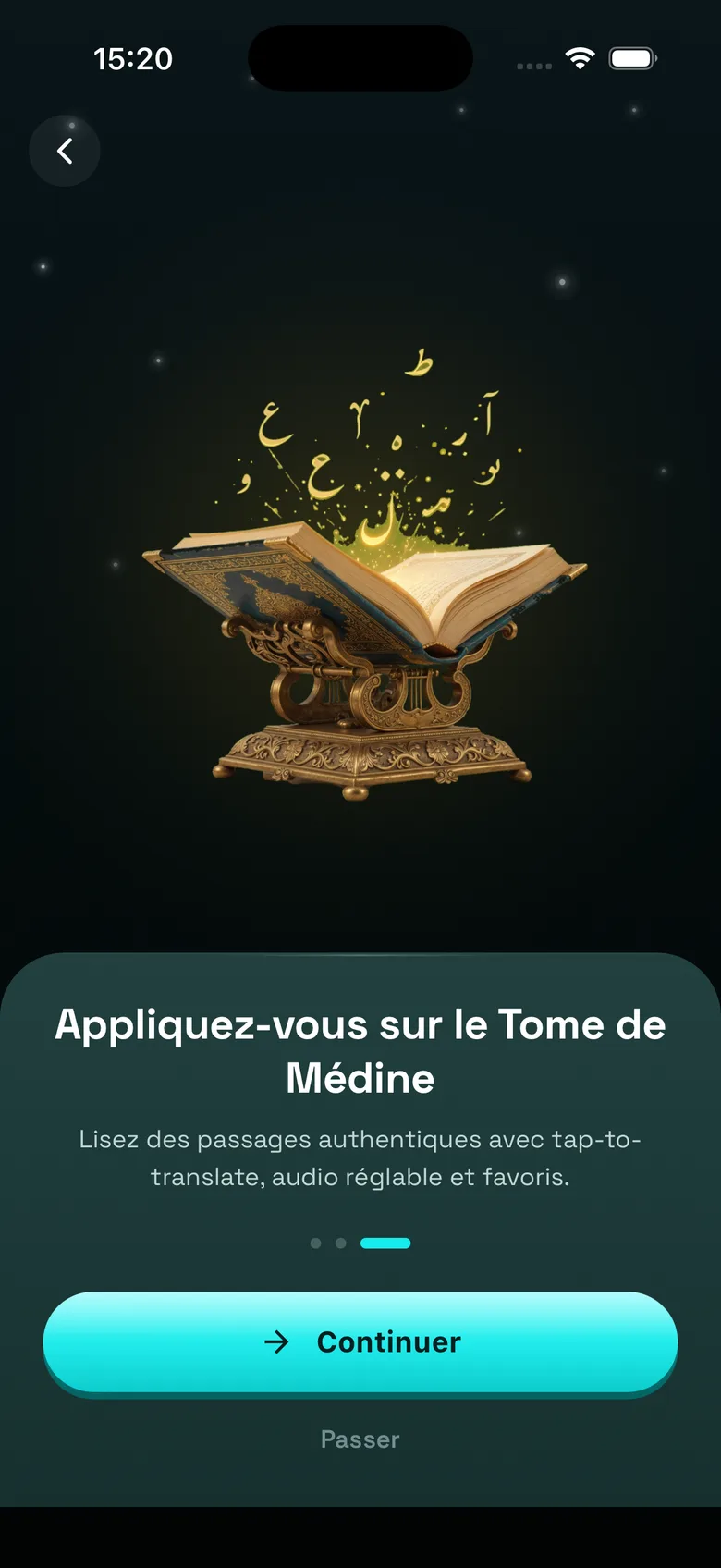 The Madinah Book welcome screen: an open book with golden letters rising from it.